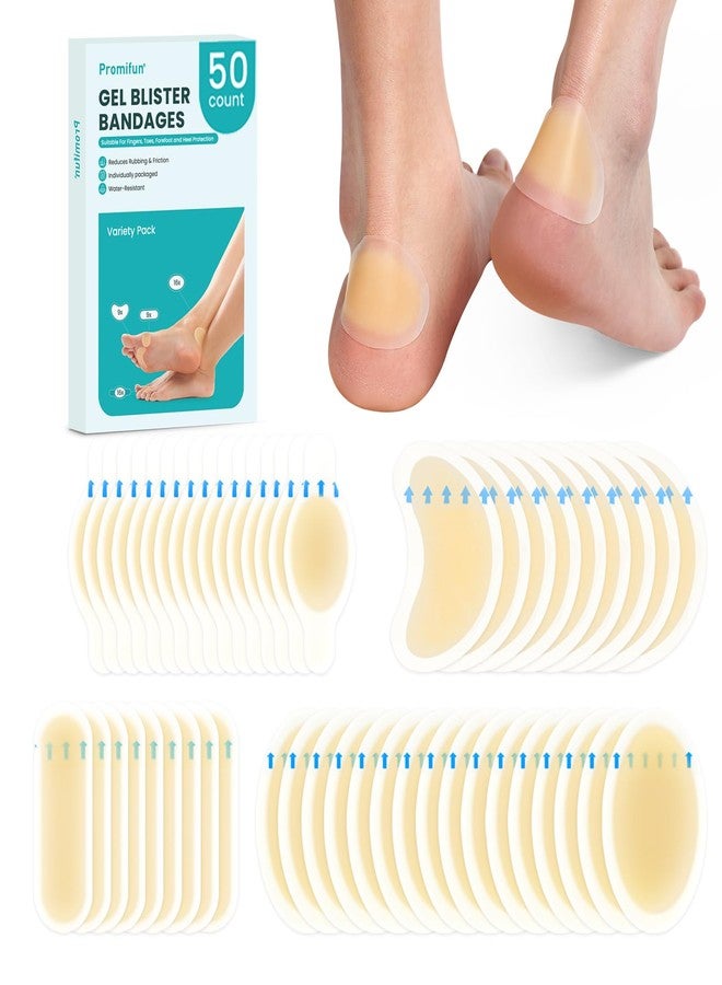 Promifun Blister Bandages Blister Pads - 50 ct Blister Cushions - Water Resistant Hydrocolloid Bandage for Foot, Toe, Heel - Gel Blister Bandages for Prevention & Recovery, Variety Pack - Image 1